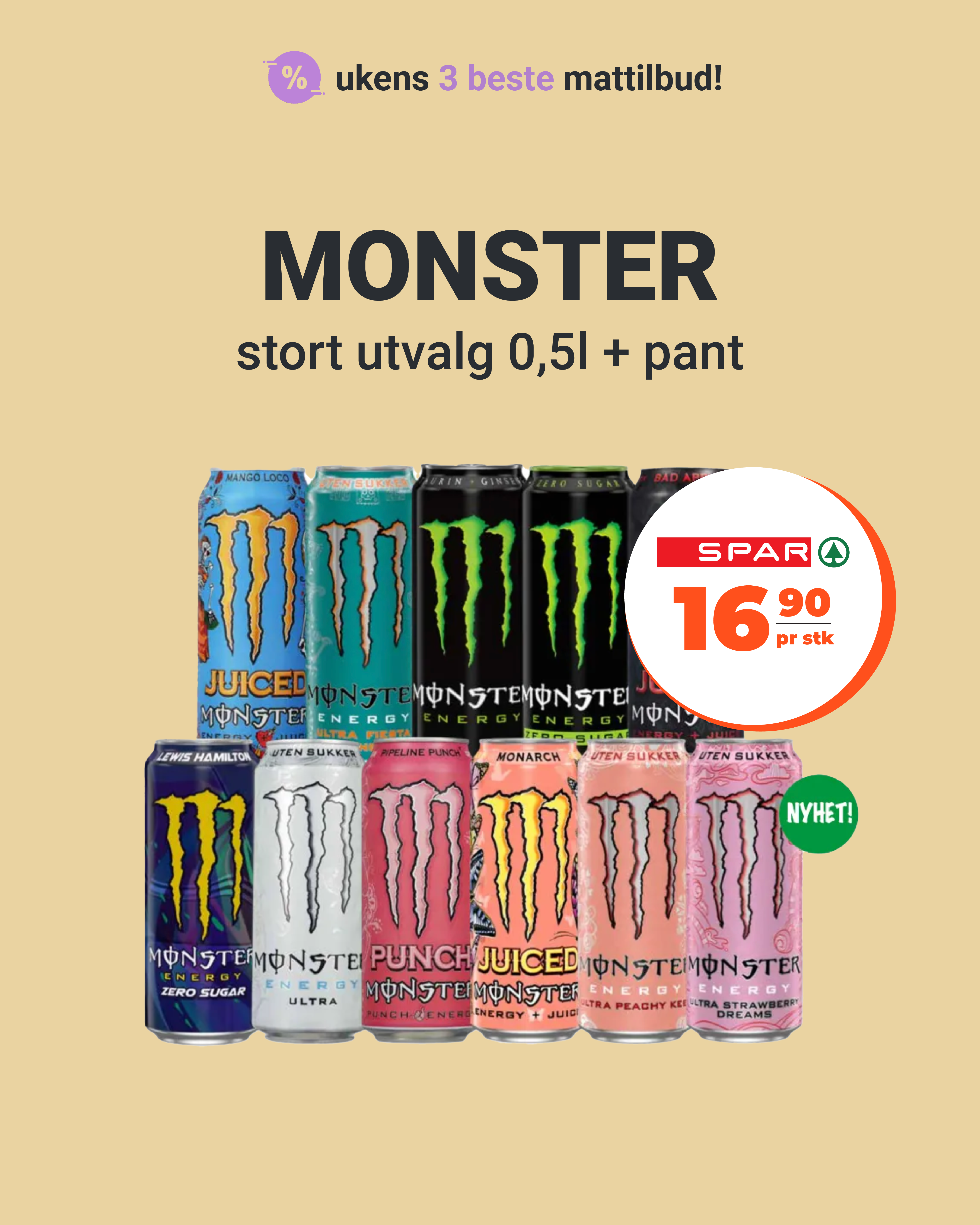 Monster, karbonadedeig og Noregia er sterket tilbud denne uken